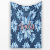 Blue Poinsettia Floral Winter Seamless Pattern Elegant Christmas  Personalised Custom Name Super Soft Fleece Blanket Bed Sofa Throw