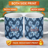 Personalized Custom Name Blue Poinsettia Floral Winter Seamless Pattern Elegant Christmas 11oz Ceramic Coffee Tea Mug White Large Handle