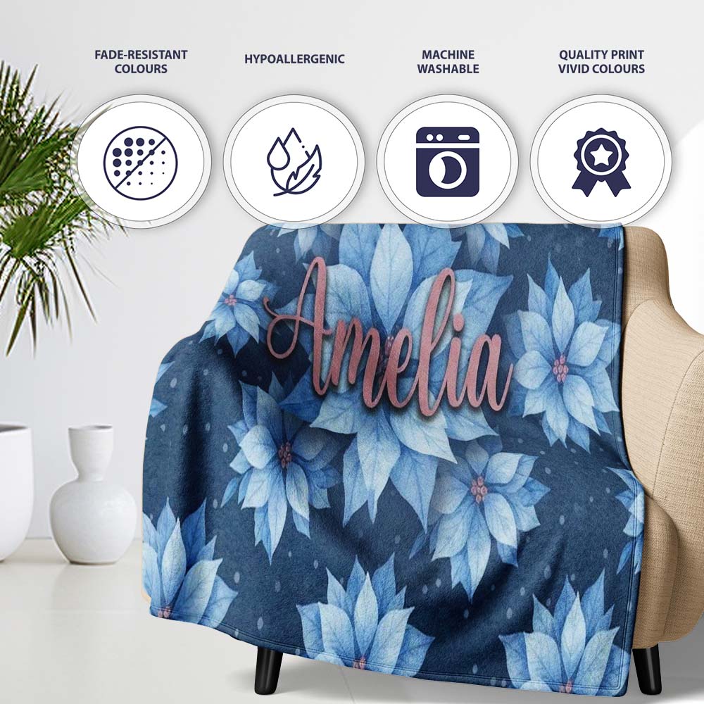 Blue Poinsettia Floral Winter Seamless Pattern Elegant Christmas  Personalised Custom Name Super Soft Fleece Blanket Bed Sofa Throw