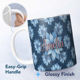 Personalized Custom Name Blue Poinsettia Floral Winter Seamless Pattern Elegant Christmas 11oz Ceramic Coffee Tea Mug White Large Handle