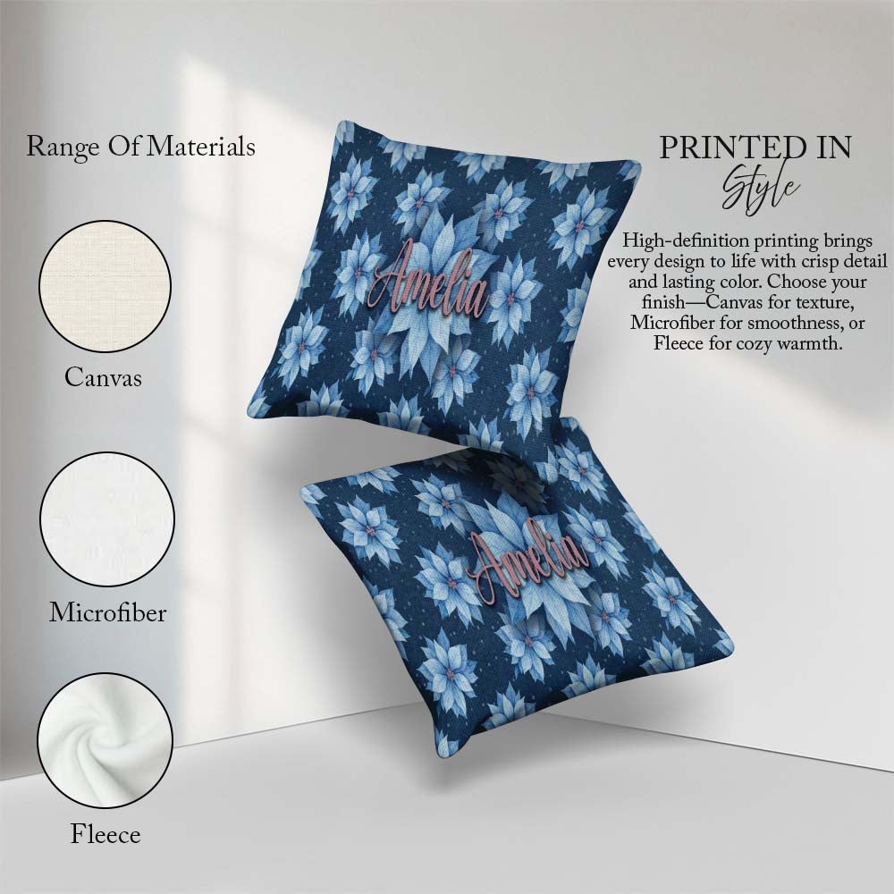 Custom Name Poinsettia Floral Seamless Pattern Elegant Christmas Square Filled Cushion Throw Pillow Sofa Bed Home Decor Zip Washable UK Made