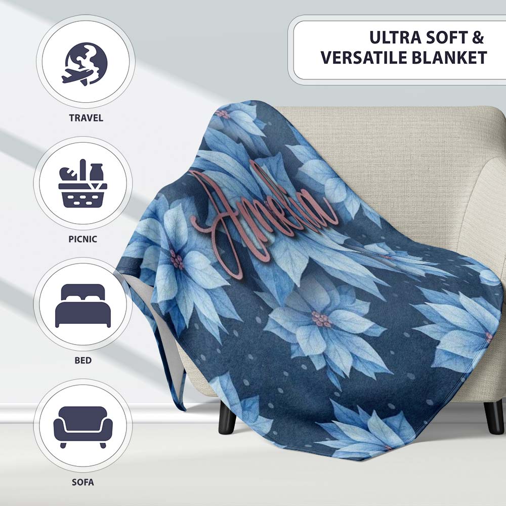 Blue Poinsettia Floral Winter Seamless Pattern Elegant Christmas  Personalised Custom Name Super Soft Fleece Blanket Bed Sofa Throw