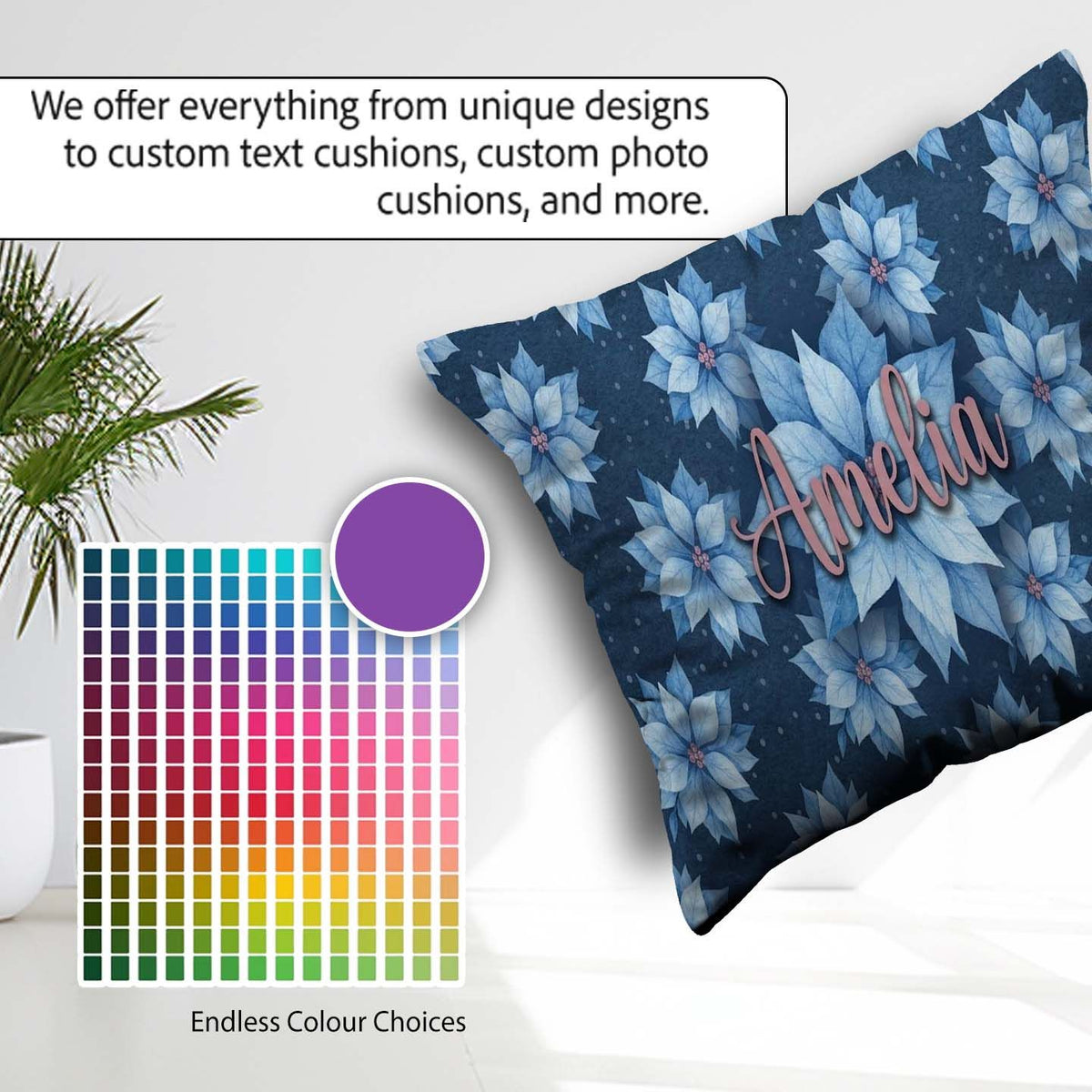 Custom Name Poinsettia Floral Seamless Pattern Elegant Christmas Square Filled Cushion Throw Pillow Sofa Bed Home Decor Zip Washable UK Made