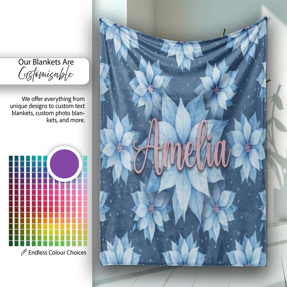 Blue Poinsettia Floral Winter Seamless Pattern Elegant Christmas  Personalised Custom Name Super Soft Fleece Blanket Bed Sofa Throw