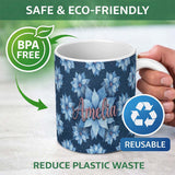 Personalized Custom Name Blue Poinsettia Floral Winter Seamless Pattern Elegant Christmas 11oz Ceramic Coffee Tea Mug White Large Handle