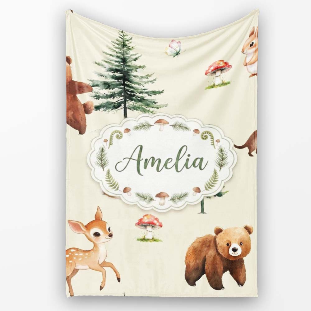 Cute Woodland Forest Animals Bear Bunny Deer on Light Grey Lovely  Personalised Custom Name Super Soft Fleece Blanket Bed Sofa Throw