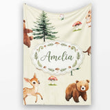 Cute Woodland Forest Animals Bear Bunny Deer on Light Grey Lovely  Personalised Custom Name Super Soft Fleece Blanket Bed Sofa Throw