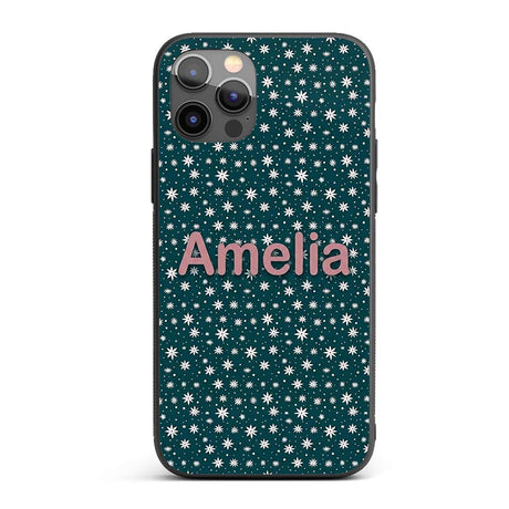 Teal White Star Snowflake Seamless Pattern Simple Custom Name Protective Phone Case Mobile Cover Durable Everyday Smartphone Shock Resistant