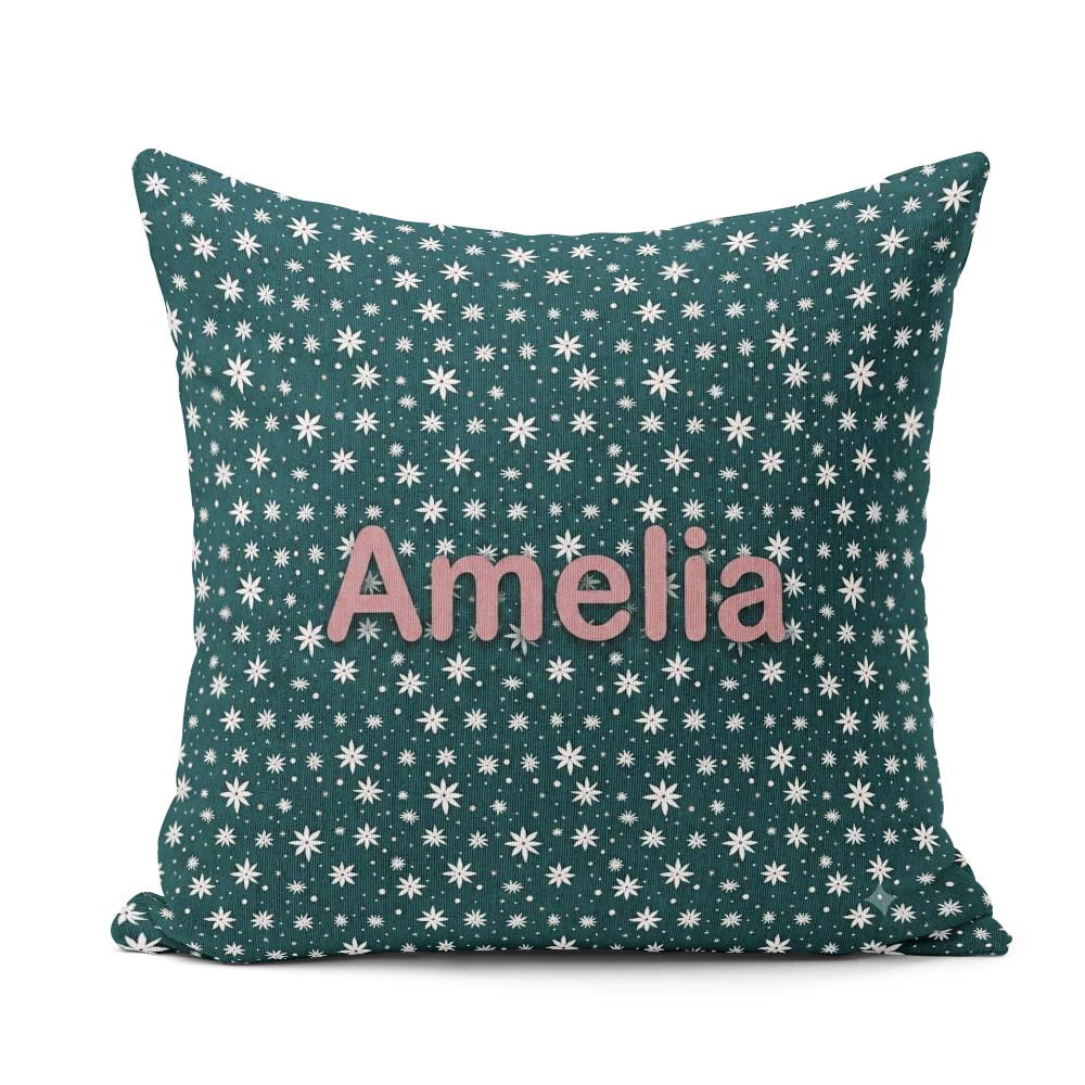 Custom Name Teal White Star Snowflake Seamless Simple Background Square Filled Cushion Throw Pillow Sofa Bed Home Decor Zip Washable UK Made