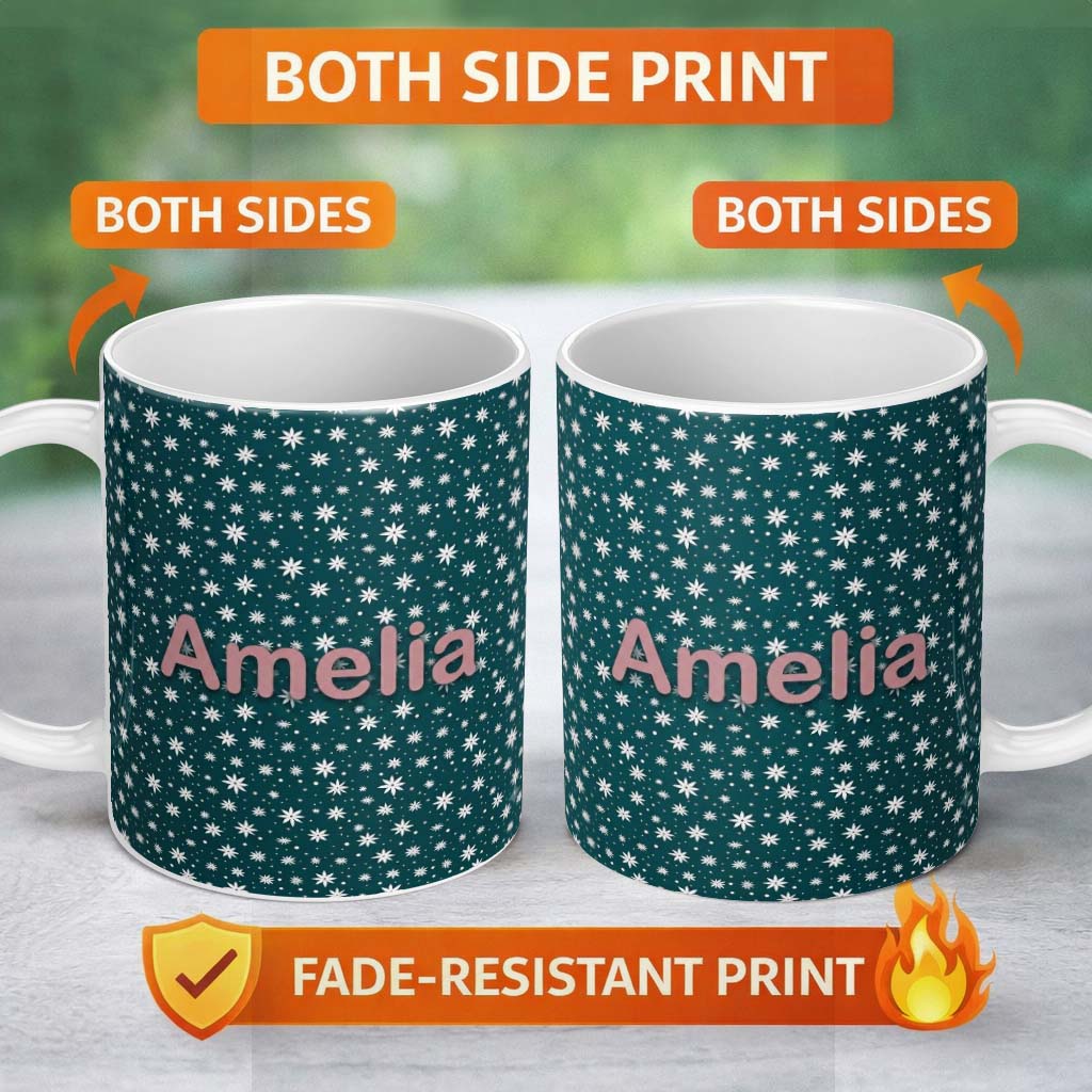 Personalized Custom Name Teal White Star Snowflake Seamless Pattern Simple Winter Background 11oz Ceramic Coffee Tea Mug White Large Handle