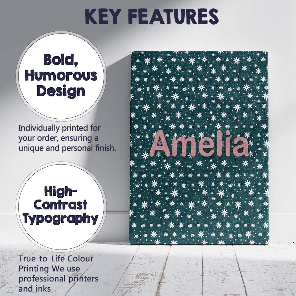 Personalised Name Teal White Star Snowflake Custom  Bespoke Interior Contemporary Canvas Wall Art Print Decor Picture Ready to Hang