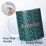Personalized Custom Name Teal White Star Snowflake Seamless Pattern Simple Winter Background 11oz Ceramic Coffee Tea Mug White Large Handle