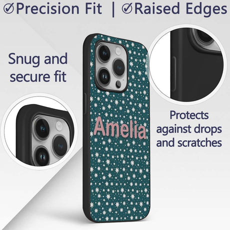 Teal White Star Snowflake Seamless Pattern Simple Custom Name Protective Phone Case Mobile Cover Durable Everyday Smartphone Shock Resistant