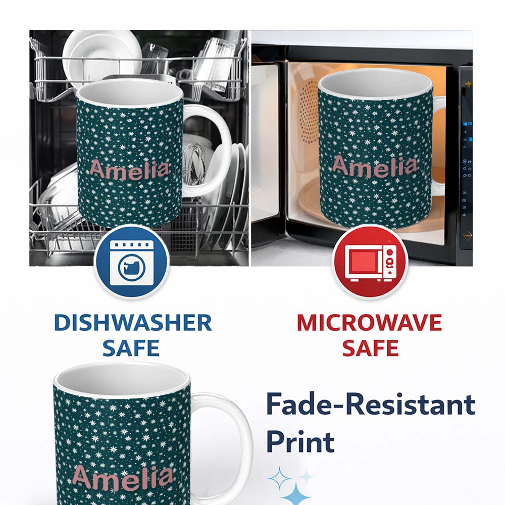 Personalized Custom Name Teal White Star Snowflake Seamless Pattern Simple Winter Background 11oz Ceramic Coffee Tea Mug White Large Handle