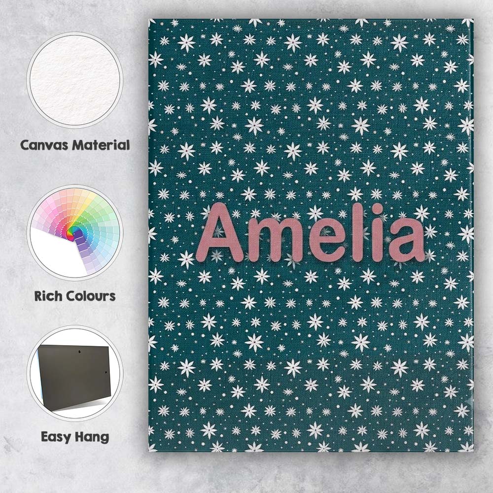 Personalised Name Teal White Star Snowflake Custom  Bespoke Interior Contemporary Canvas Wall Art Print Decor Picture Ready to Hang