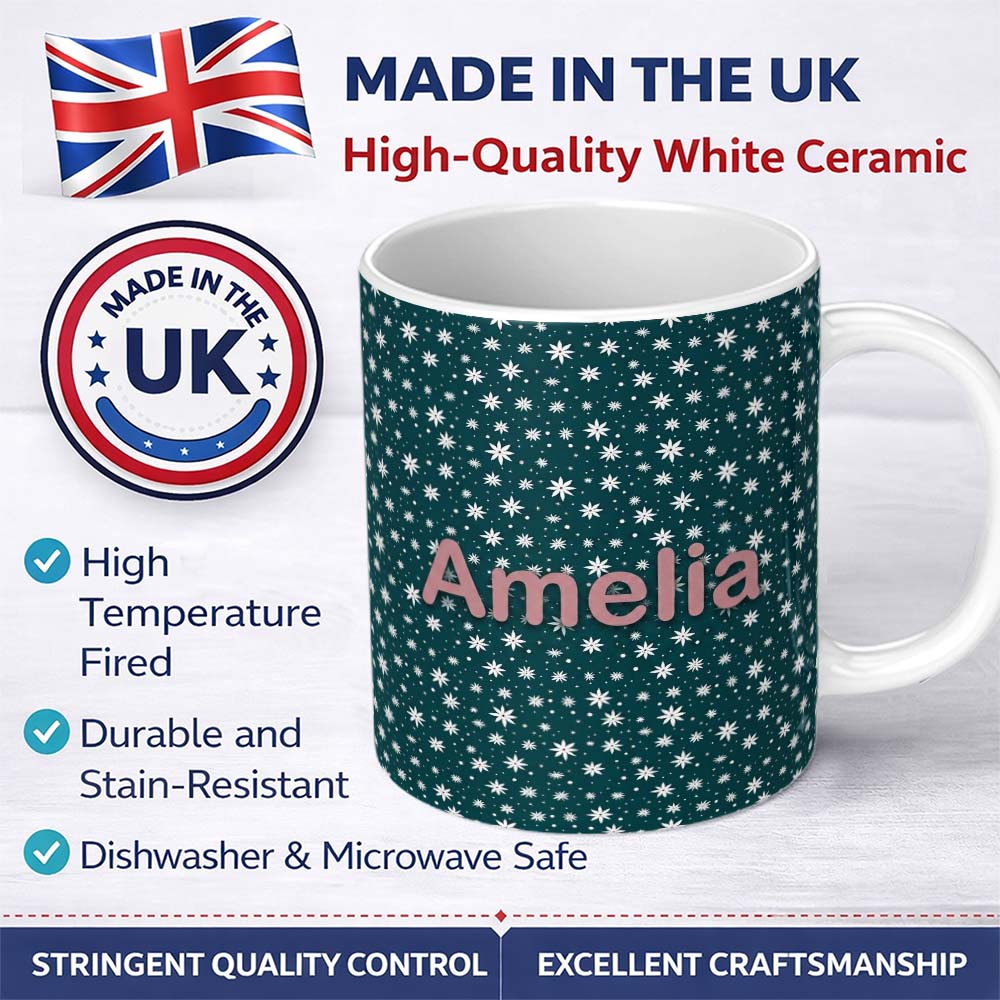 Personalized Custom Name Teal White Star Snowflake Seamless Pattern Simple Winter Background 11oz Ceramic Coffee Tea Mug White Large Handle