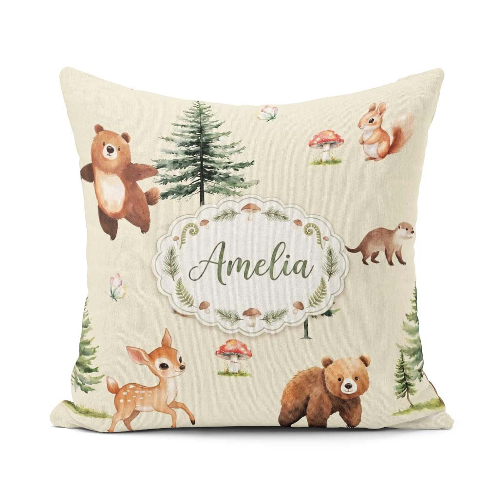 Custom Name Cute Woodland Forest Animals Bear Bunny Deer on Grey Square Filled Cushion Throw Pillow Sofa Bed Home Decor Zip Washable UK Made