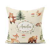 Custom Name Cute Woodland Forest Animals Bear Bunny Deer on Grey Square Filled Cushion Throw Pillow Sofa Bed Home Decor Zip Washable UK Made