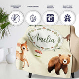 Cute Woodland Forest Animals Bear Bunny Deer on Light Grey Lovely  Personalised Custom Name Super Soft Fleece Blanket Bed Sofa Throw