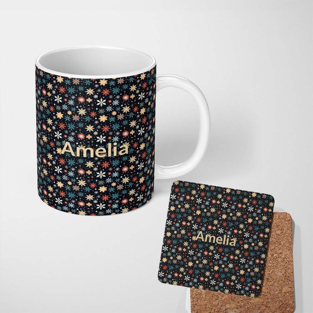 Personalized Custom Name Colorful Starburst Snowflake Dark Seamless Pattern Festive Night 11oz Ceramic Coffee Tea Mug White Large Handle