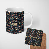 Personalized Custom Name Colorful Starburst Snowflake Dark Seamless Pattern Festive Night 11oz Ceramic Coffee Tea Mug White Large Handle