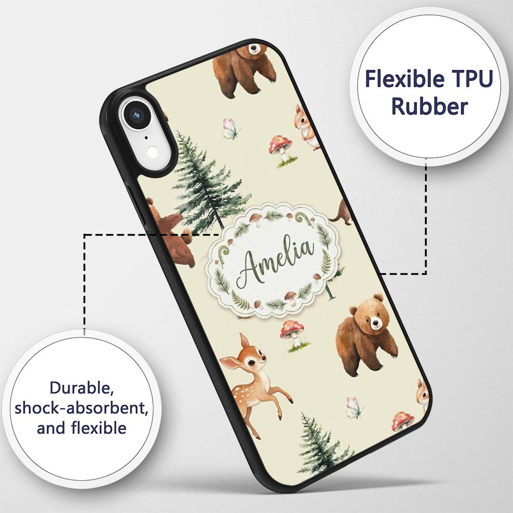 Cute Woodland Forest Animals Bear Bunny Deer on Custom Name Protective Phone Case Mobile Cover Durable Everyday Smartphone Shock Resistant