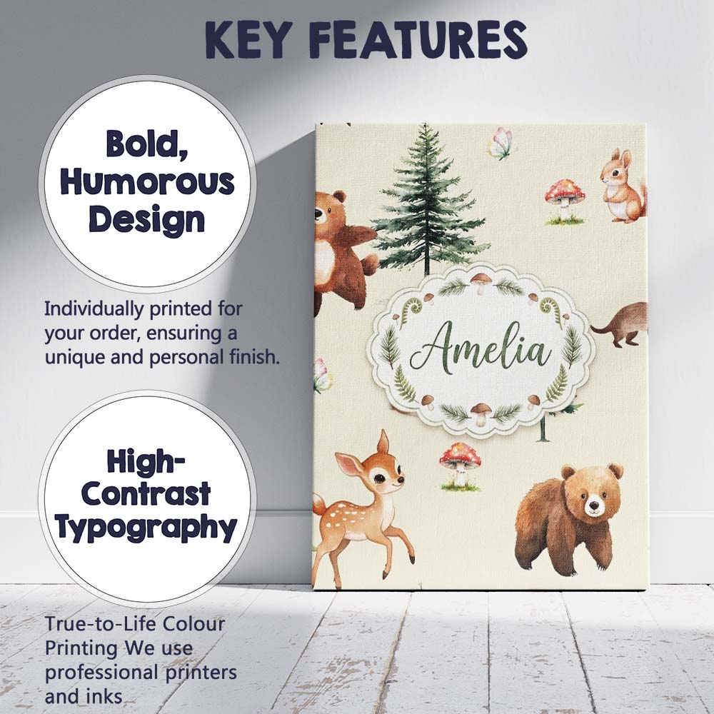 Personalised Name Cute Woodland Forest Custom  Modern Room Accent Elegant Feature Canvas Wall Art Print Decor Picture Ready to Hang