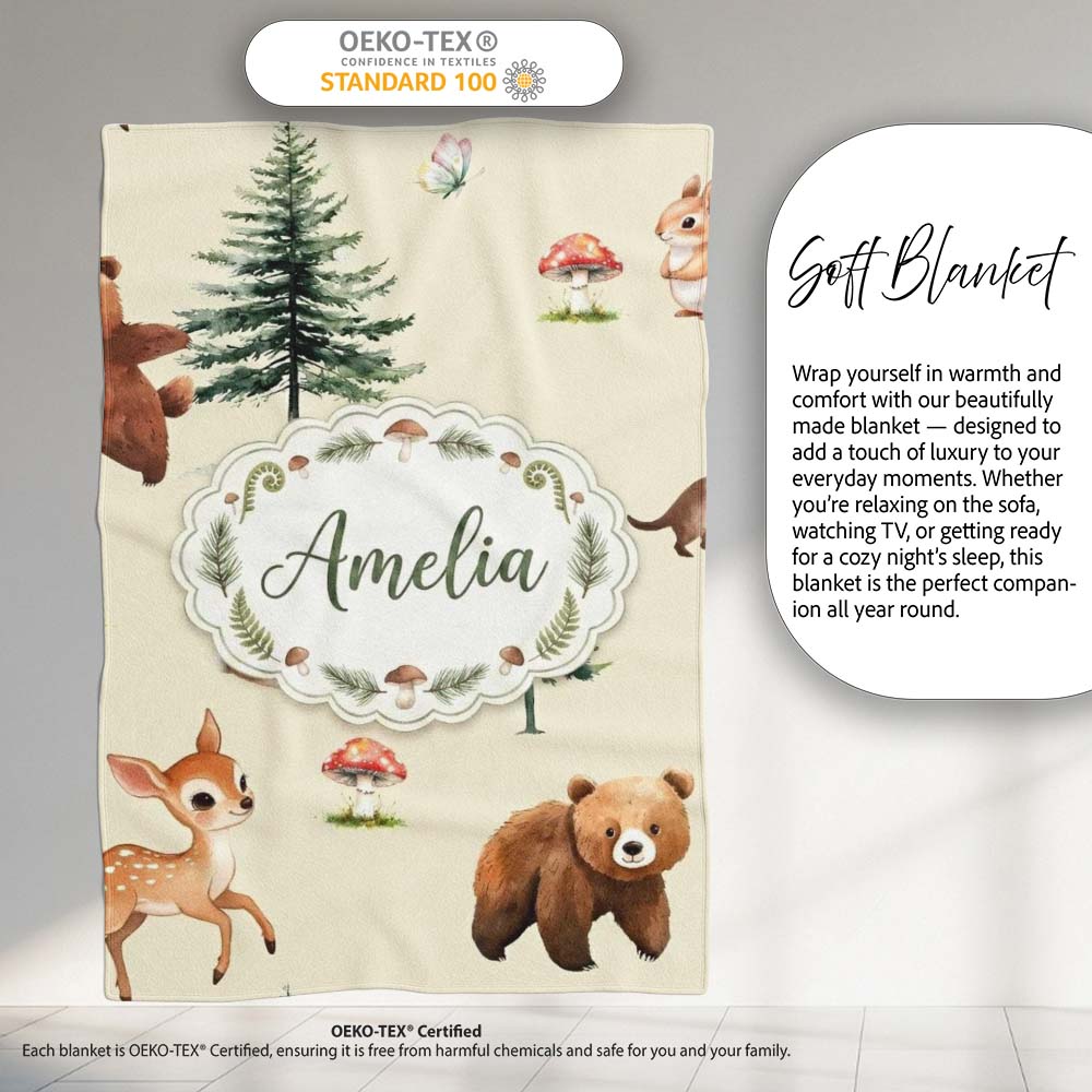 Cute Woodland Forest Animals Bear Bunny Deer on Light Grey Lovely  Personalised Custom Name Super Soft Fleece Blanket Bed Sofa Throw