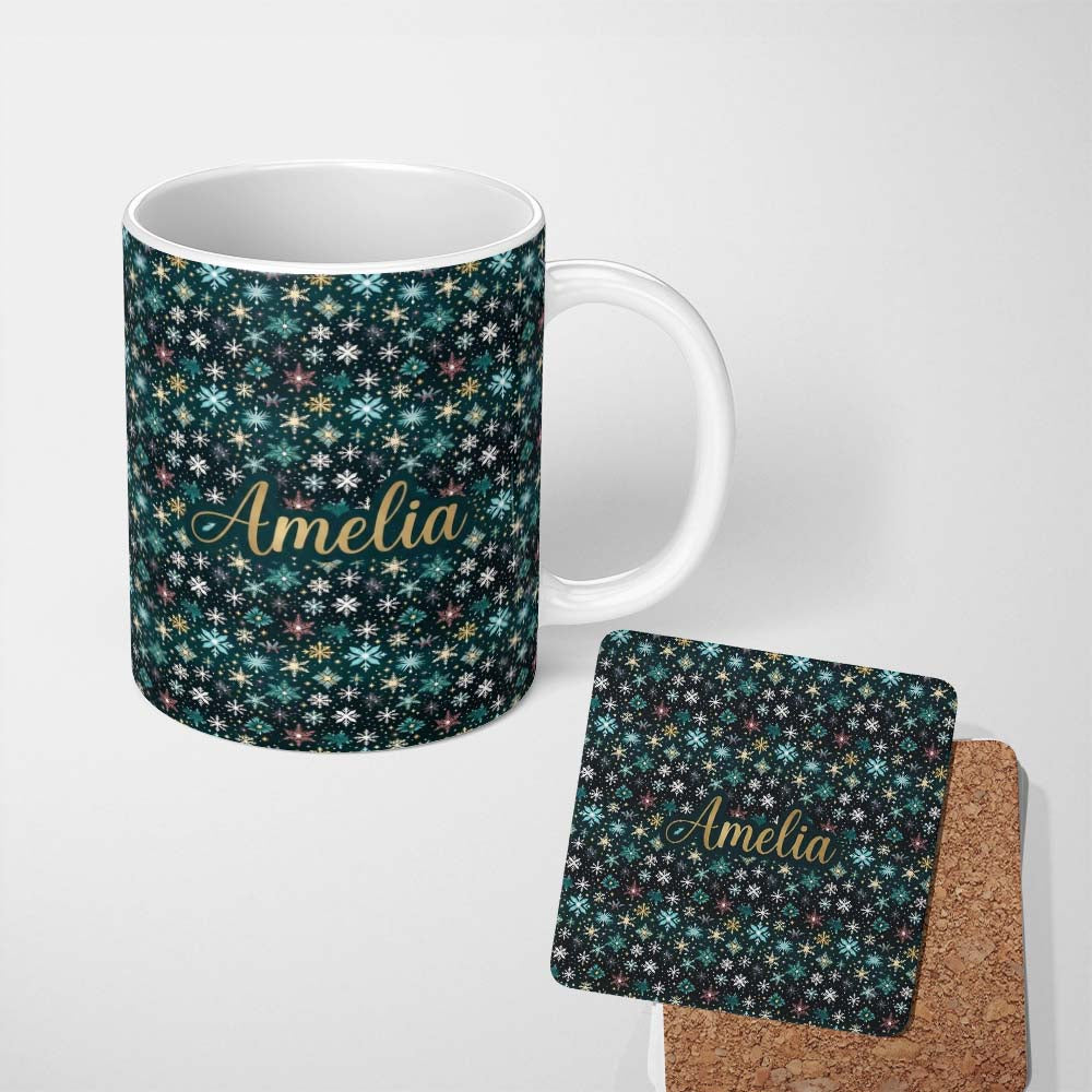Personalized Custom Name Teal Gold Snowflake Star Seamless Pattern Elegant Winter Night 11oz Ceramic Coffee Tea Mug White Large Handle