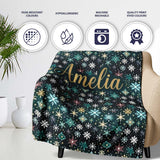Teal Gold Snowflake Star Seamless Pattern Elegant Winter Night  Personalised Custom Name Super Soft Fleece Blanket Bed Sofa Throw