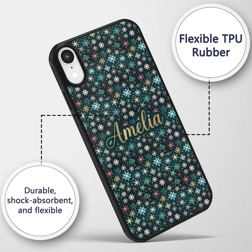 Teal Gold Snowflake Star Seamless Pattern Elegant Custom Name Protective Phone Case Mobile Cover Durable Everyday Smartphone Shock Resistant