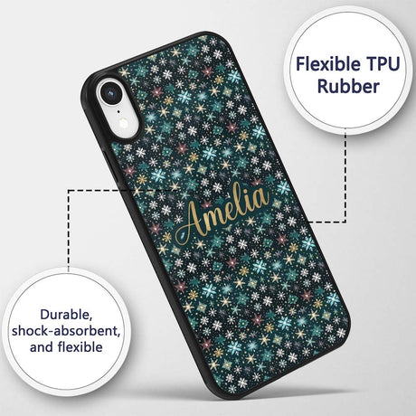 Teal Gold Snowflake Star Seamless Pattern Elegant Custom Name Protective Phone Case Mobile Cover Durable Everyday Smartphone Shock Resistant