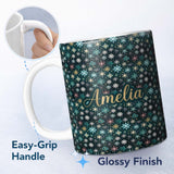 Personalized Custom Name Teal Gold Snowflake Star Seamless Pattern Elegant Winter Night 11oz Ceramic Coffee Tea Mug White Large Handle