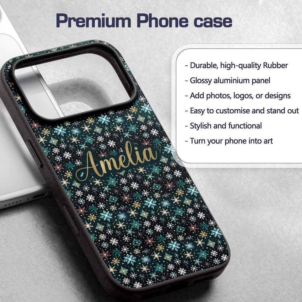 Teal Gold Snowflake Star Seamless Pattern Elegant Custom Name Protective Phone Case Mobile Cover Durable Everyday Smartphone Shock Resistant