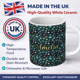 Personalized Custom Name Teal Gold Snowflake Star Seamless Pattern Elegant Winter Night 11oz Ceramic Coffee Tea Mug White Large Handle