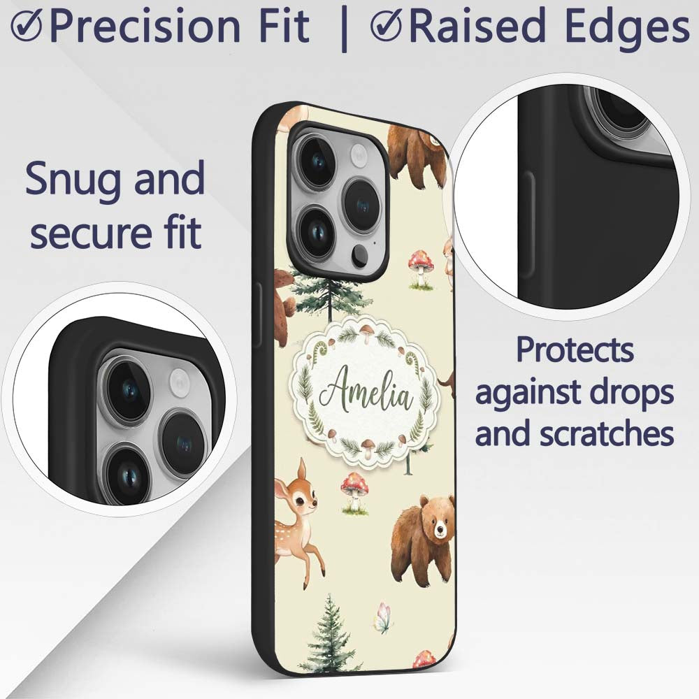 Cute Woodland Forest Animals Bear Bunny Deer on Custom Name Protective Phone Case Mobile Cover Durable Everyday Smartphone Shock Resistant