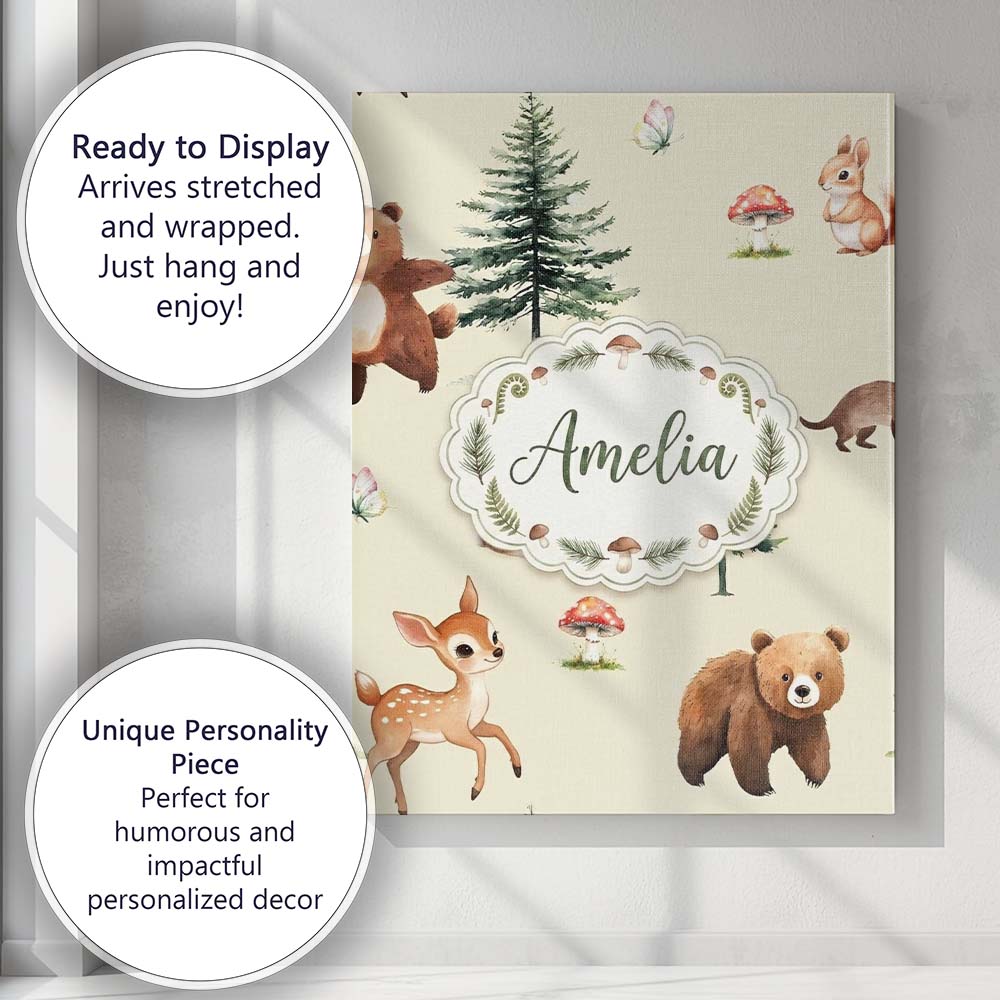 Personalised Name Cute Woodland Forest Custom  Modern Room Accent Elegant Feature Canvas Wall Art Print Decor Picture Ready to Hang