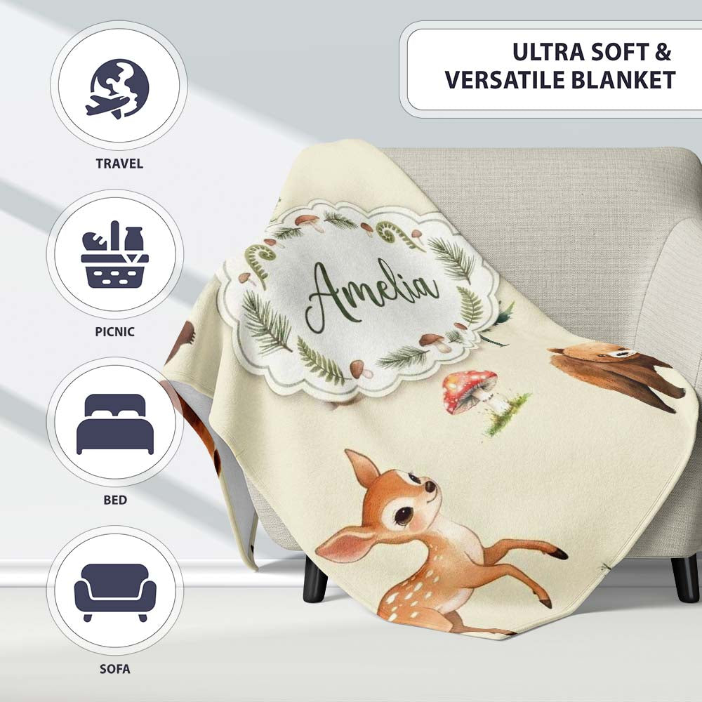 Cute Woodland Forest Animals Bear Bunny Deer on Light Grey Lovely  Personalised Custom Name Super Soft Fleece Blanket Bed Sofa Throw