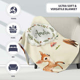 Cute Woodland Forest Animals Bear Bunny Deer on Light Grey Lovely  Personalised Custom Name Super Soft Fleece Blanket Bed Sofa Throw