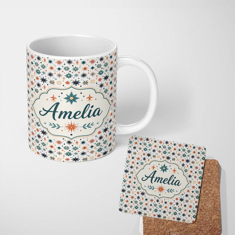 Personalized Custom Name Retro Mid Century Starburst Seamless Pattern Vintage Holiday 11oz Ceramic Coffee Tea Mug White Large Handle