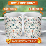 Personalized Custom Name Retro Mid Century Starburst Seamless Pattern Vintage Holiday 11oz Ceramic Coffee Tea Mug White Large Handle