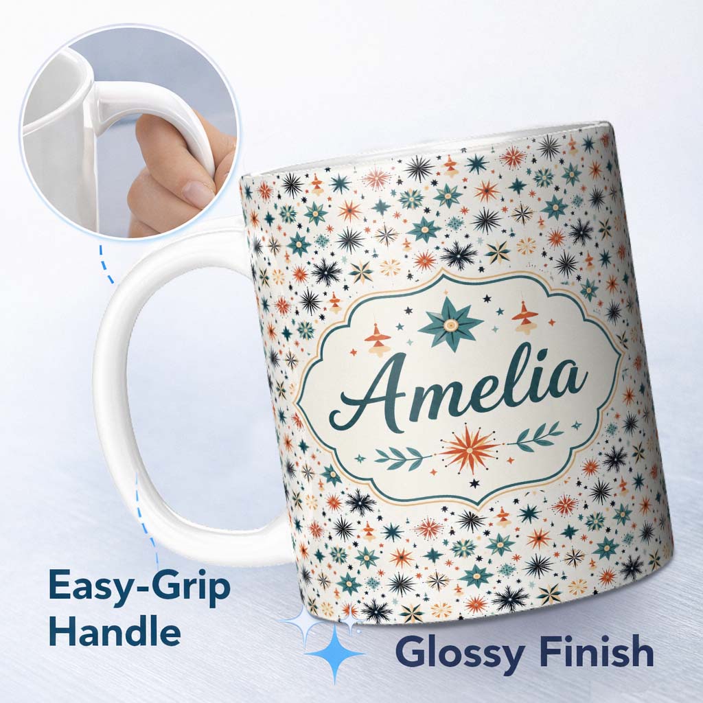 Personalized Custom Name Retro Mid Century Starburst Seamless Pattern Vintage Holiday 11oz Ceramic Coffee Tea Mug White Large Handle