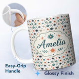 Personalized Custom Name Retro Mid Century Starburst Seamless Pattern Vintage Holiday 11oz Ceramic Coffee Tea Mug White Large Handle