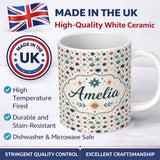 Personalized Custom Name Retro Mid Century Starburst Seamless Pattern Vintage Holiday 11oz Ceramic Coffee Tea Mug White Large Handle