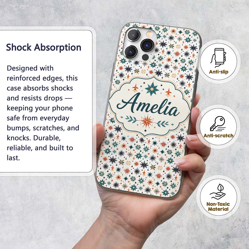 Retro Mid Century Starburst Seamless Pattern Custom Name Protective Phone Case Mobile Cover Durable Everyday Smartphone Shock Resistant