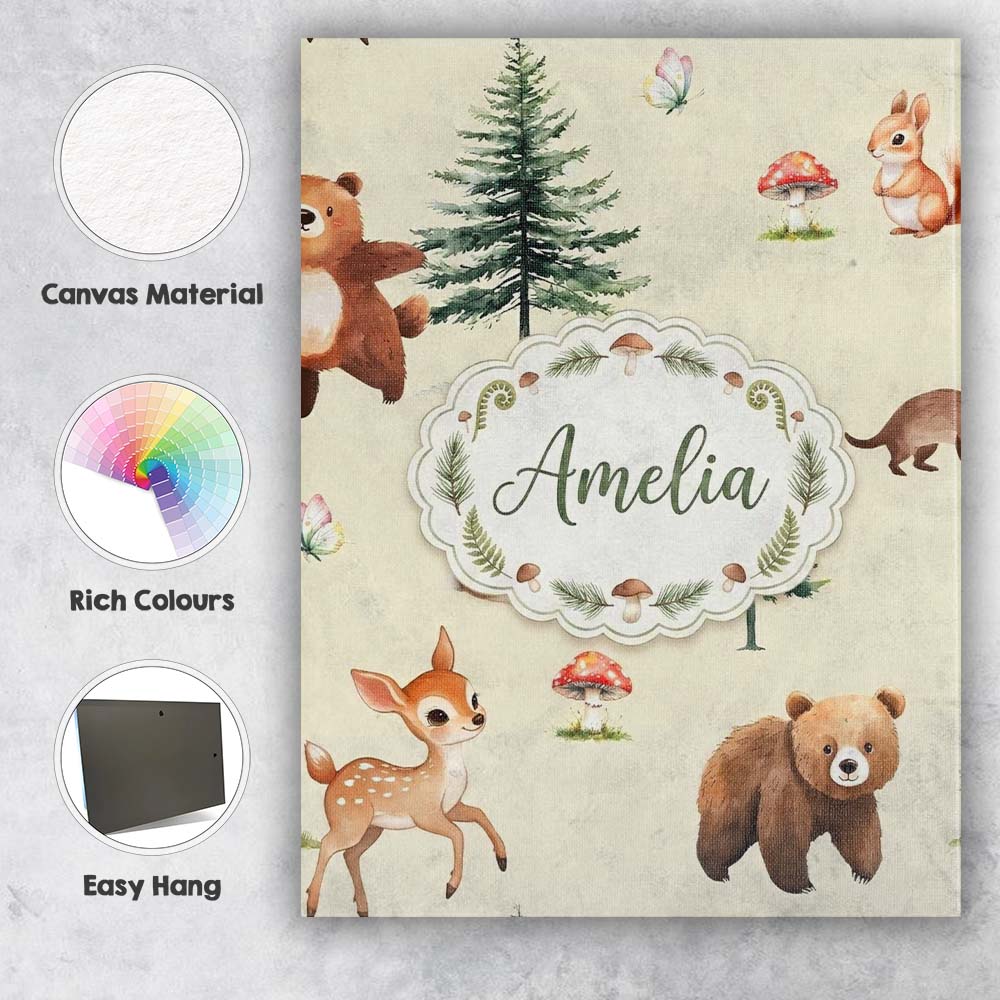 Personalised Name Cute Woodland Forest Custom  Modern Room Accent Elegant Feature Canvas Wall Art Print Decor Picture Ready to Hang