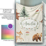 Cute Woodland Forest Animals Bear Bunny Deer on Light Grey Lovely  Personalised Custom Name Super Soft Fleece Blanket Bed Sofa Throw