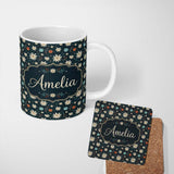 Personalized Custom Name Dark Floral Starburst Winter Seamless Pattern Elegant Night Garden 11oz Ceramic Coffee Tea Mug White Large Handle
