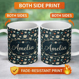 Personalized Custom Name Dark Floral Starburst Winter Seamless Pattern Elegant Night Garden 11oz Ceramic Coffee Tea Mug White Large Handle