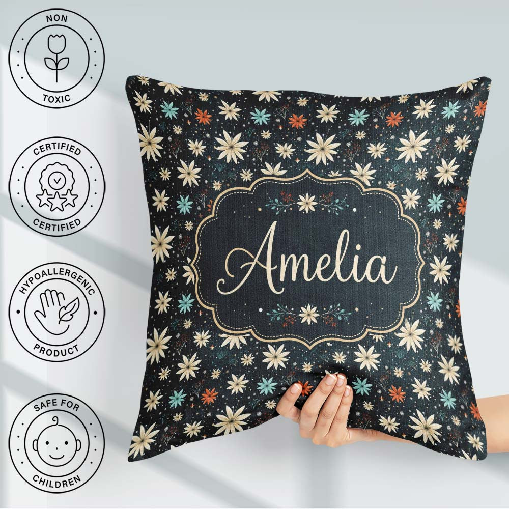 Custom Name Dark Floral Starburst Seamless Pattern Elegant Night Square Filled Cushion Throw Pillow Sofa Bed Home Decor Zip Washable UK Made